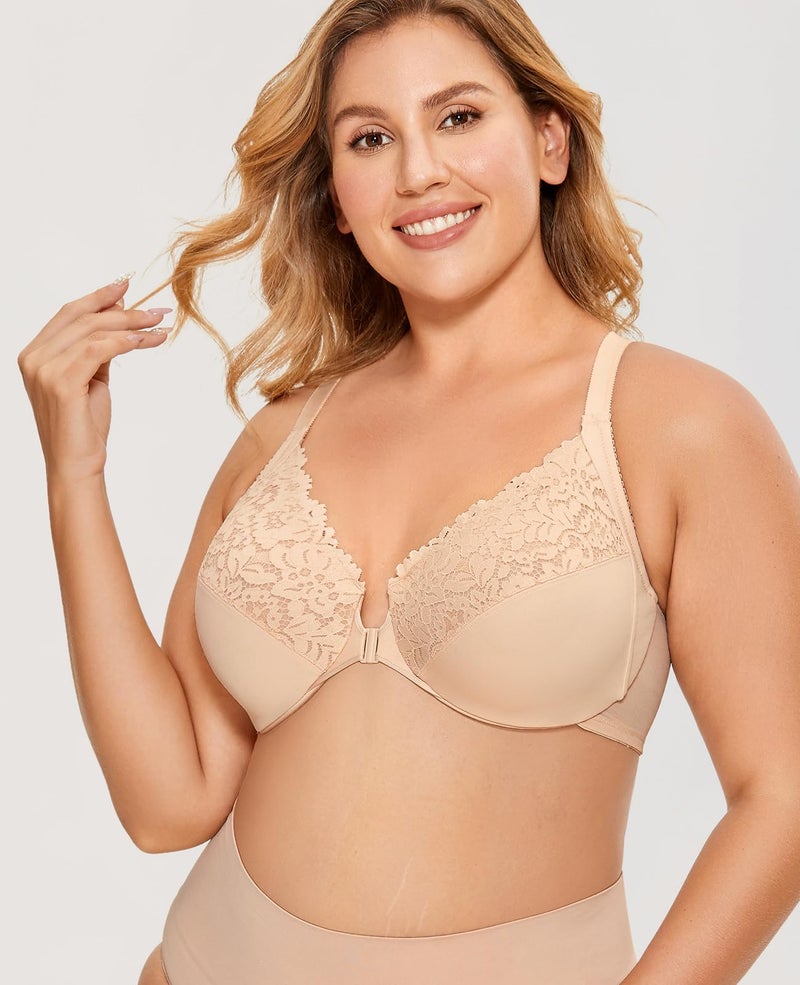 DELIMIRA Women's Front Closure Plus Size Full Coverage Lace Underwire Racerback Bra Beige 36C - Image 5